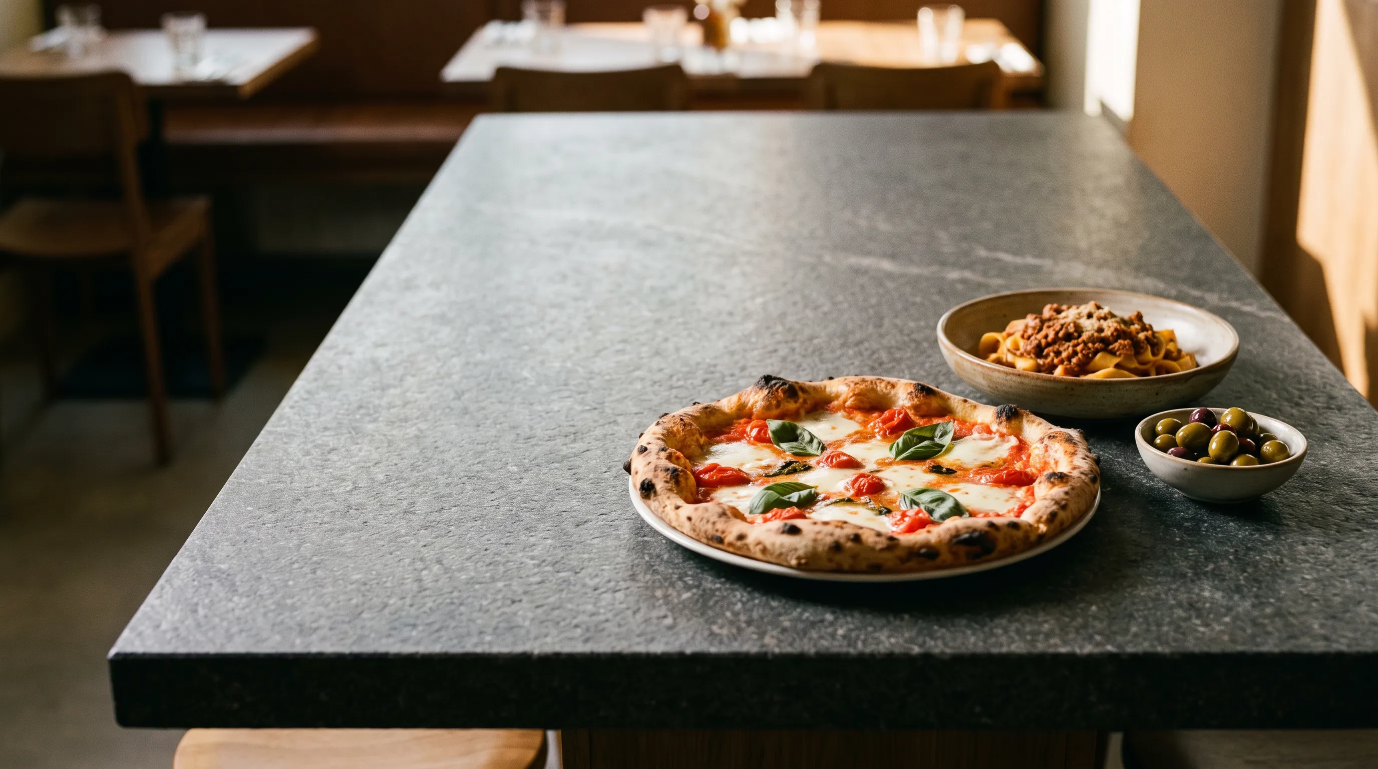 Verse pizza, pasta en olijven op tafel